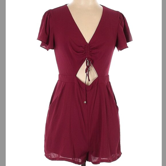 Flutter Sleeve Cutout Front Romper w/ Pockets - Picture 1 of 7